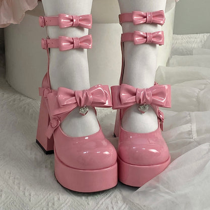 Pocket Cat Lolita Black Pink White Bow High Heels Shoes