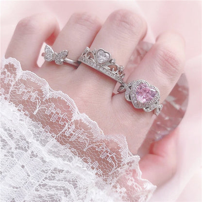 Pink Silver Love Bow Rhinestone Diamond Crown Ring Collection Set Accessories Jewerly