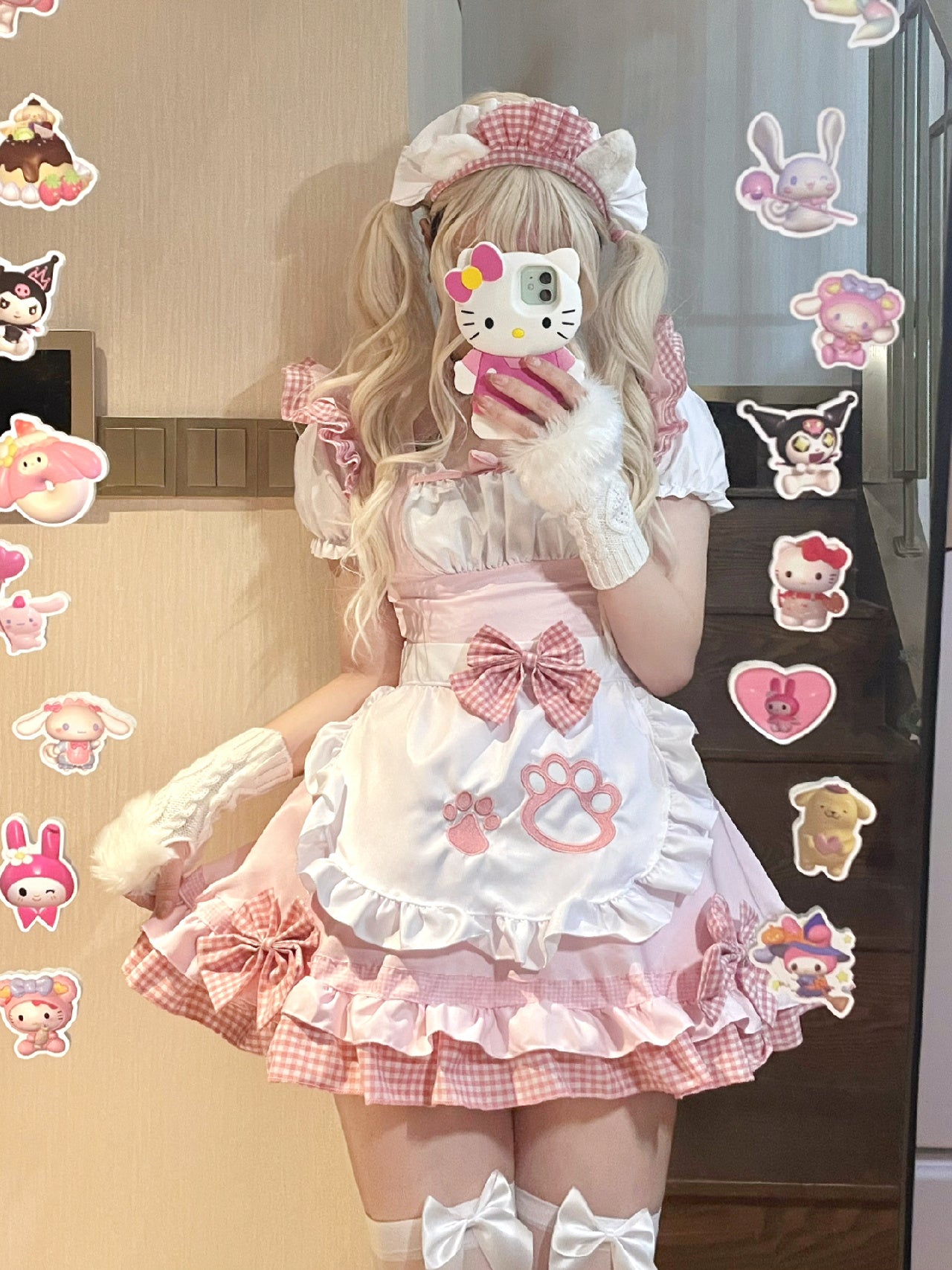 Serendipity Cat Paw Black Pink Bow Cosplay Maid Dress