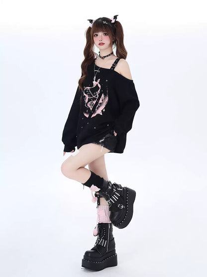 Crazy Girl Butterfly Effect Strap Pink Black Sweatshirt