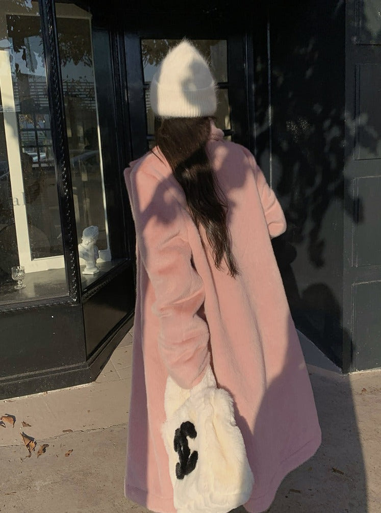 Pink Winter Velvet Mid-length Long Woolen Coat