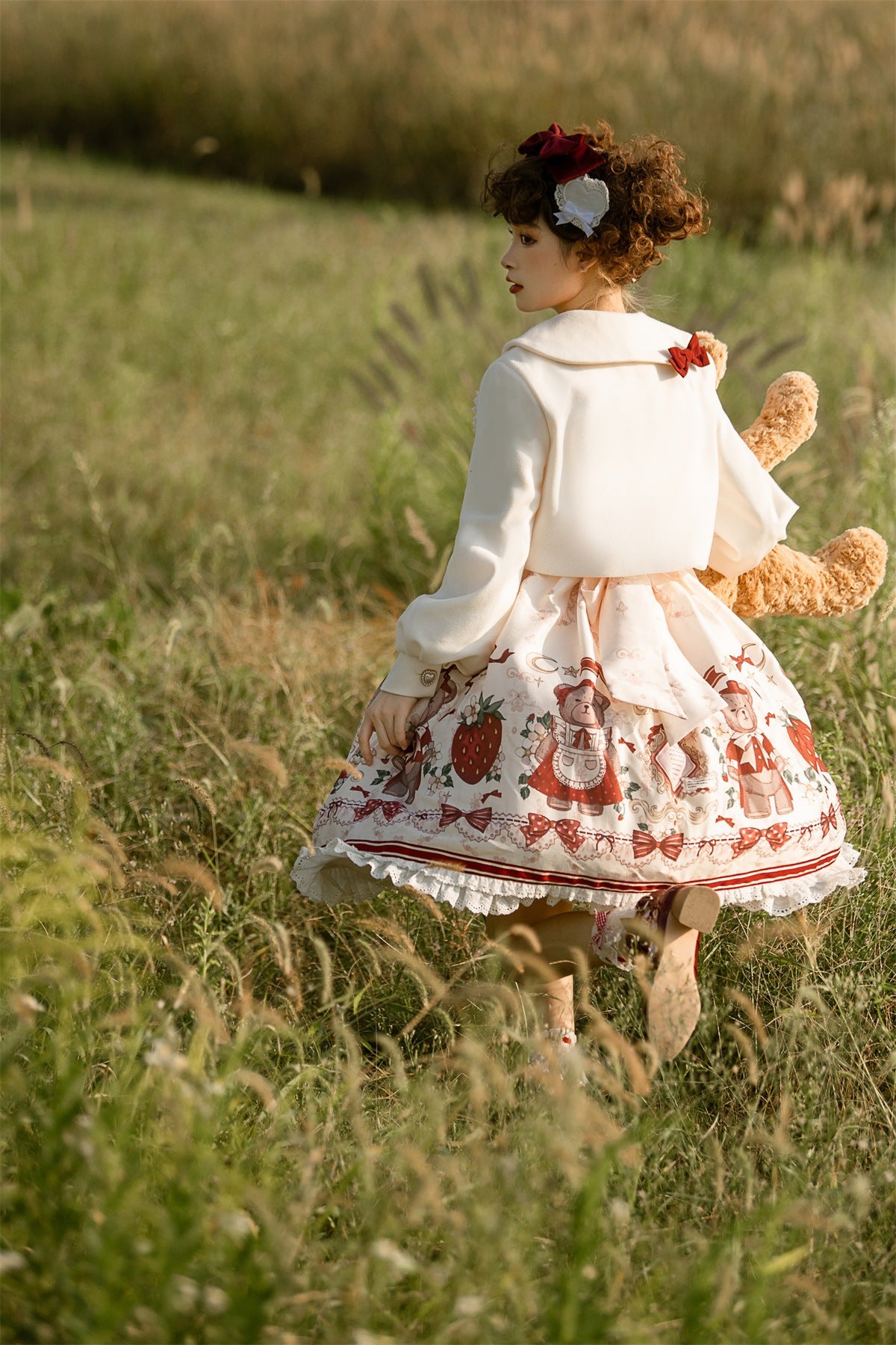 Lolita Teddy Bear Christmas Festive Red White Winter Jacket & Strap Dress Two Piece Set