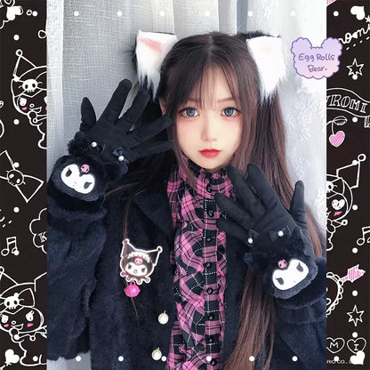 Handmade Purple Devil Melody Cinnamon Dog Pompom Winter Suede Gloves