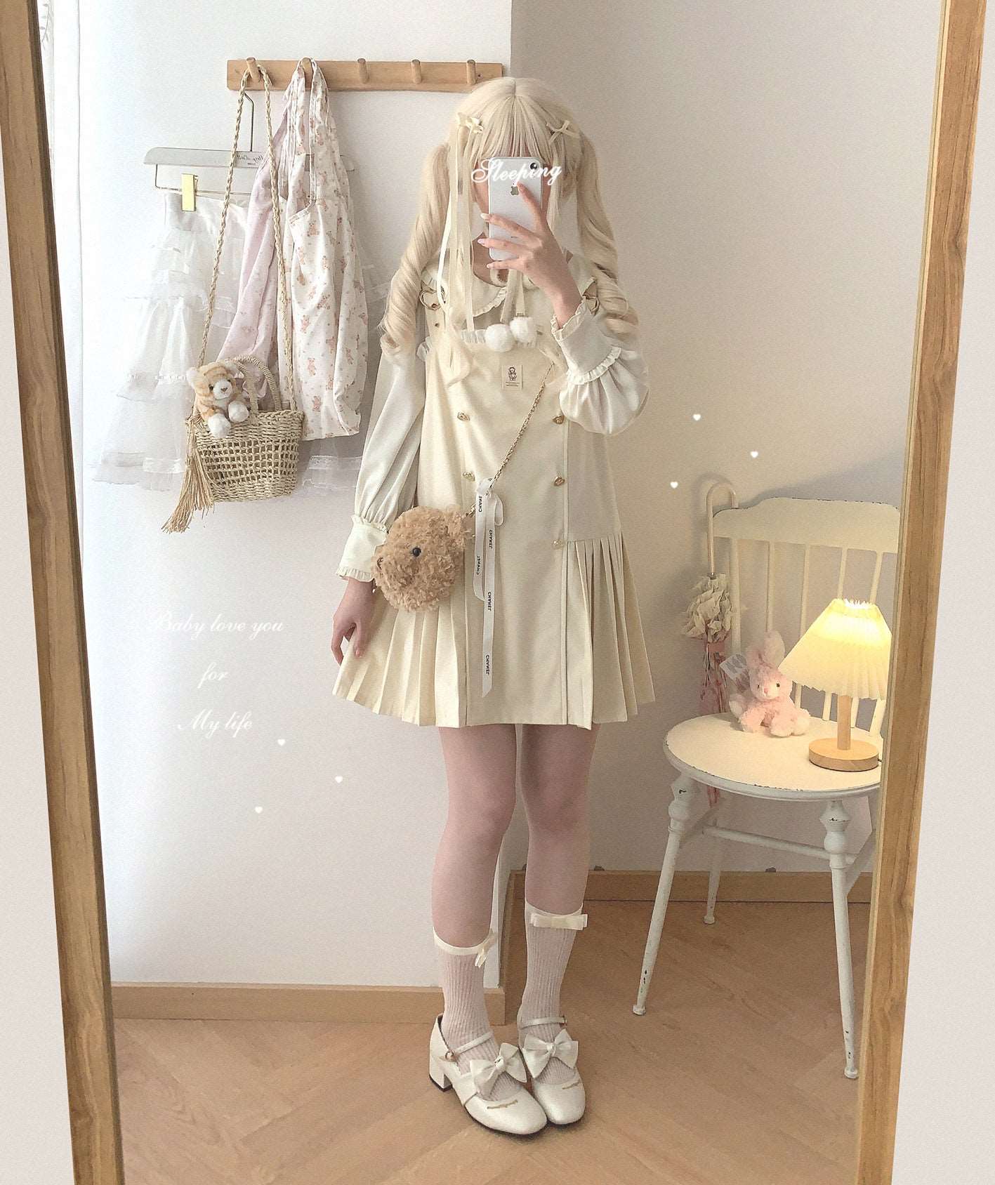 Bear Souffle Sweet Pompom Balls Shirt Blouse & Purple Beige Strap Dress & Skirt Three Piece Set