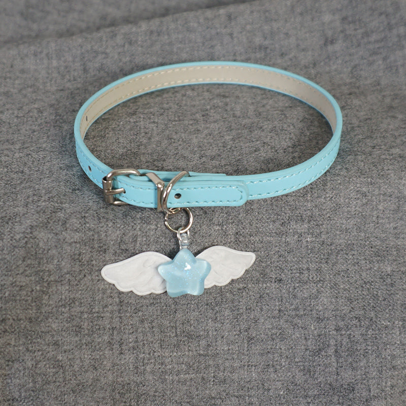 Candy Fairy Y2K Star Wings Pink & Blue Leather Choker Collar Necklace