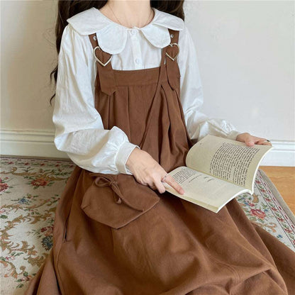 Autumn Mori Girl Heart Navy Blue Black Brown Green Dress Suspender Skirt & White Shirt Blouse Two Piece Set