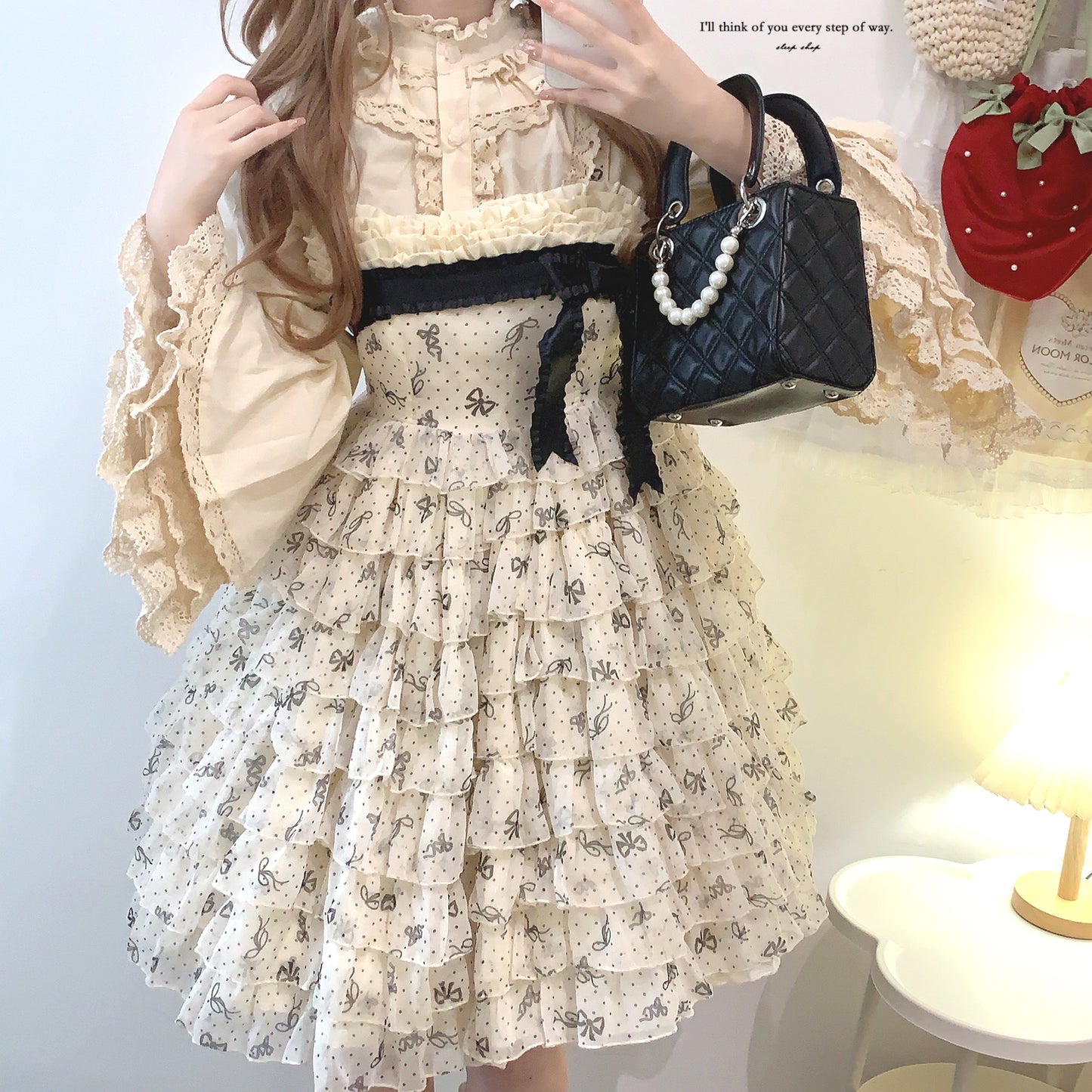 Dormir Doll Bow Kiss Chiffon Cream Black Ruffle Strap Dress