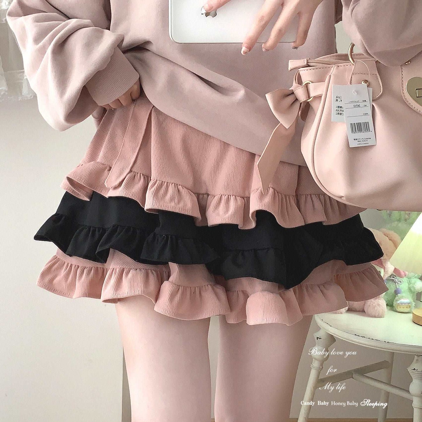 Dormir Doll Lolita Black Pink Cake Corduroy Ruffled Skirt