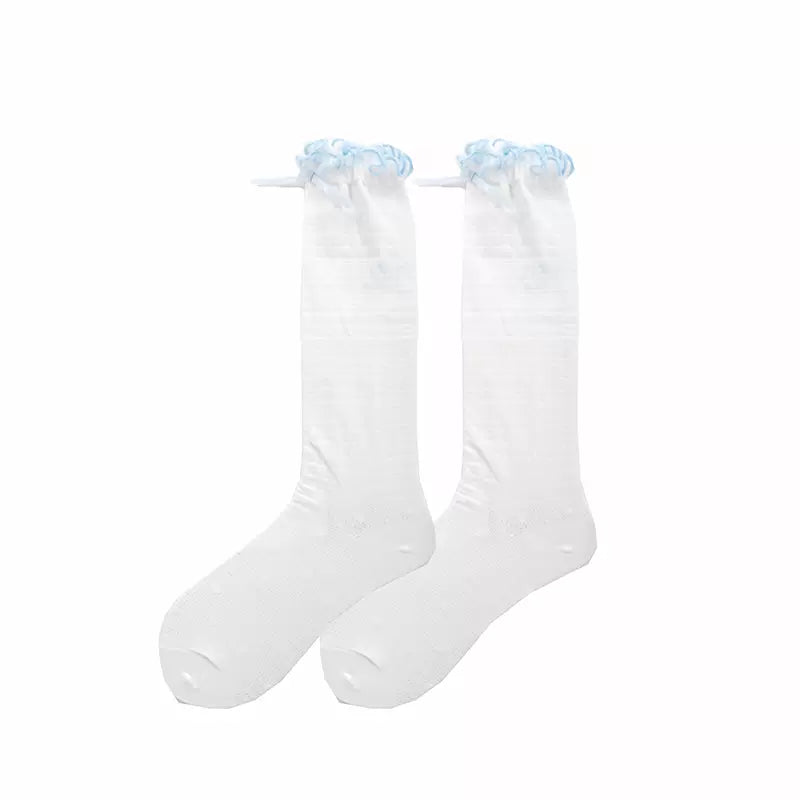 Sweet Bow Lolita Cotton White Pink Blue Calf & Over the Knee Socks