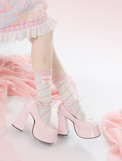 Puffy Sheep Sweet Box Platform Pink Black High Heels Shoes