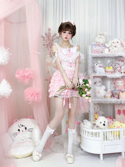 Candy Fairy Supreme Pink Princess Cake Ruffled Layered Lace Strap Dress