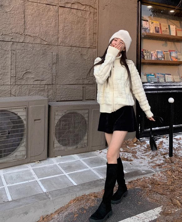 Winter Turtleneck Plush White Zipper Sweater Jacket