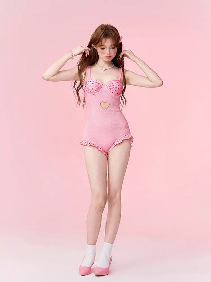 Masked Cat Pink Little Heart One Piece Swimsuit