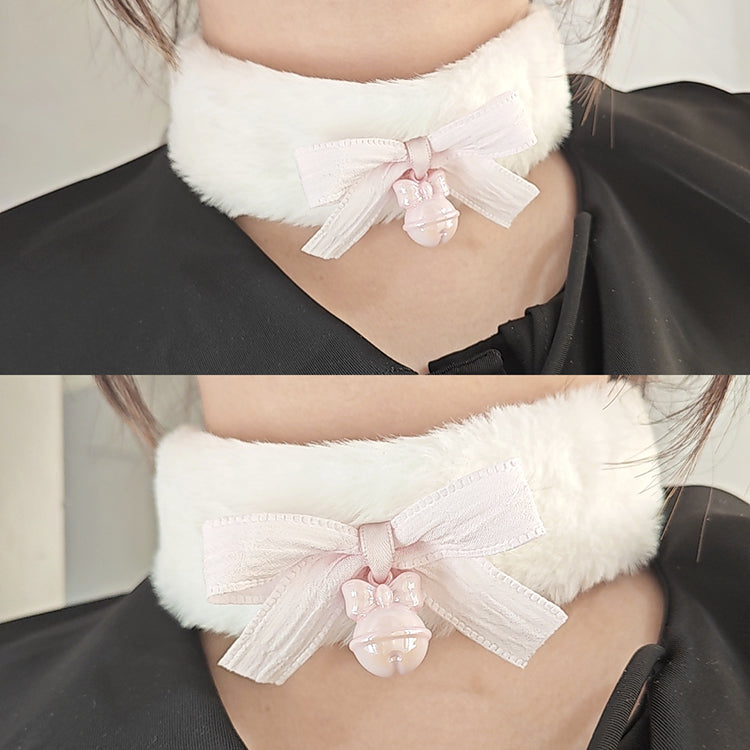 Lolita EGL White Plush Pink Bow Cat Neko Bell Collar Necklaces Choker