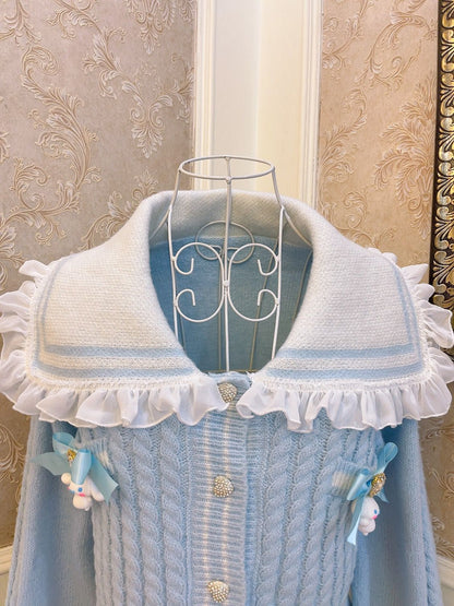 Sweetheart Princess Winter Cute Cinnamon Dog Blue Knit Sailor Collar Lace Sweater Cardigan