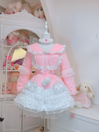 Candy Fairy Sweet Pastel Pink Princess Lace Sailor Collar Winter Padded Puffer Jacket Coat Dress