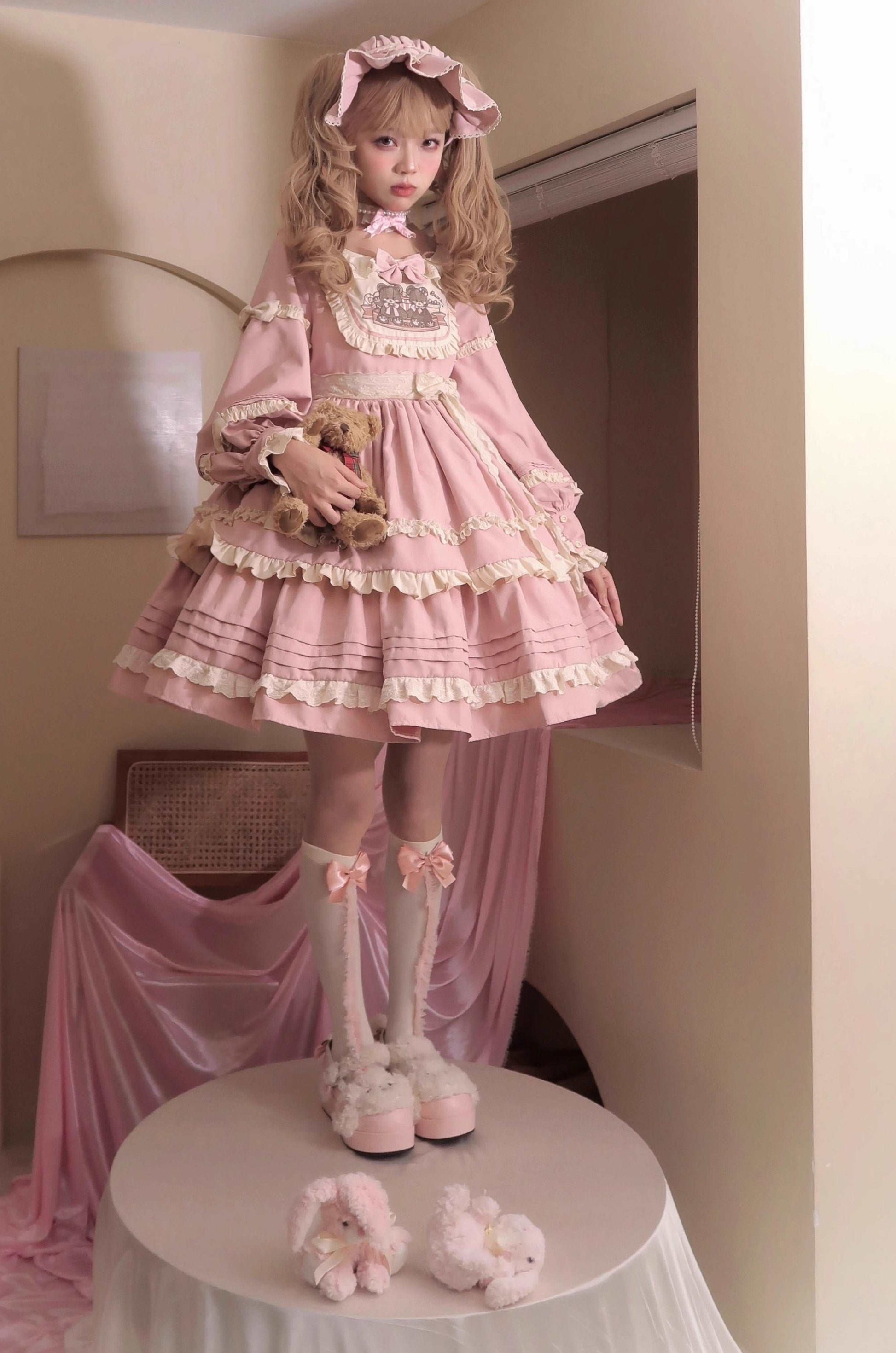 EGL Bear Pink Brown Puff Sleeve Ruffle Cake Dress