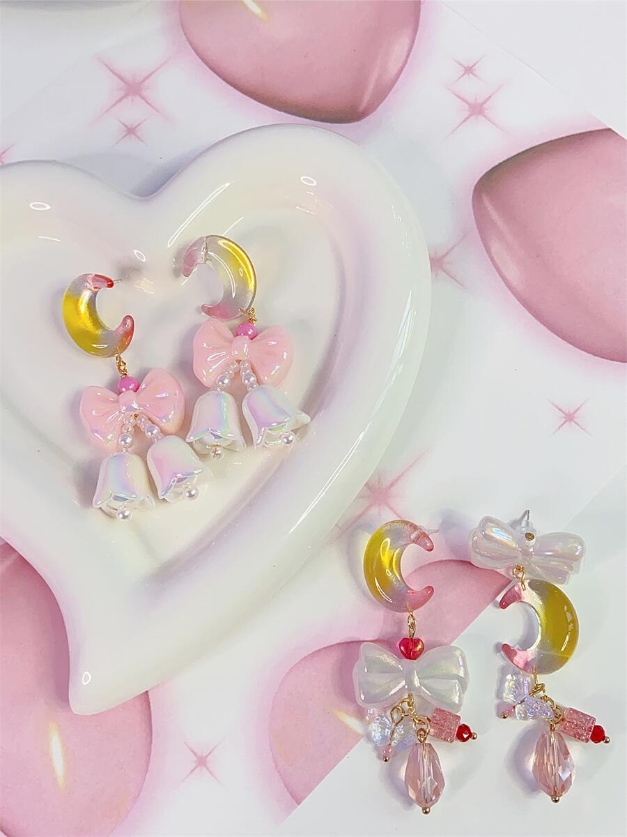 Jelly Crescent Moon Bow Cute Sweet Earrings