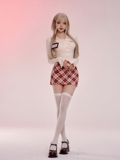 Serendipity Fall Beige Office Lady Long Sleeve T-Shirt & Red Plaid Mini Skirt Two Piece Set