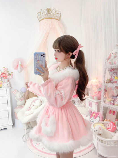 Candy Fairy Pink & White Pastel Princess Fur Plush Velvet Thick Jacket Coat Dress