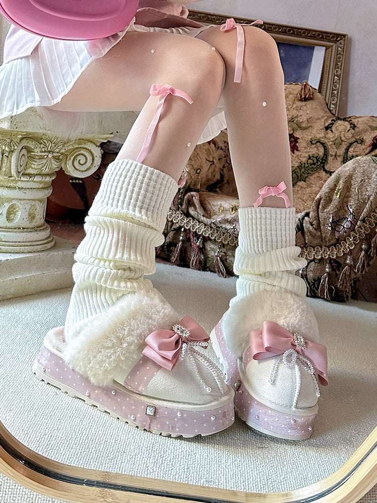 Pinky Coquette Luxury Pink Bow Velvet Snow Winter Plush Slippers Shoes