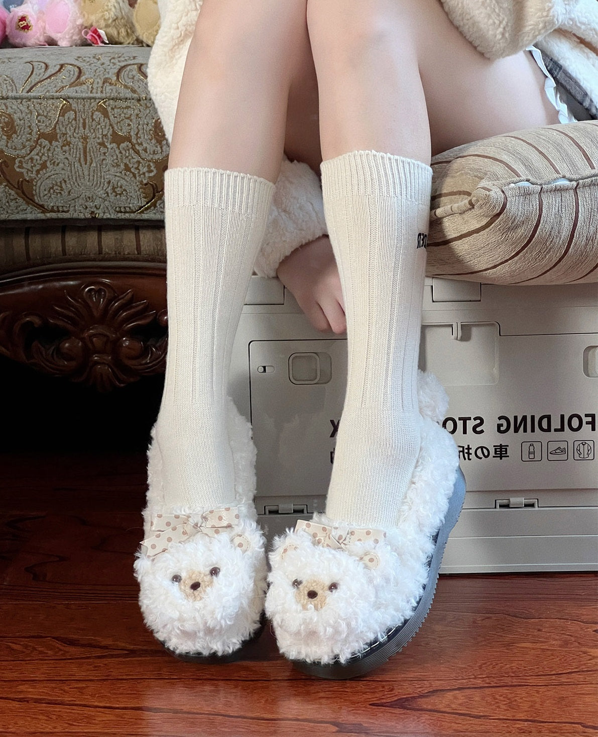 Puffy Sheep Curly Bear White Cream Brown Fuzzy Winter Slippers