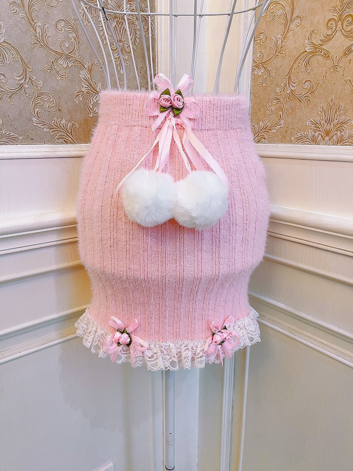 Sweetheart Princess Rose Lace Pink Knit Sweater & Mini Skirt Two Piece Set