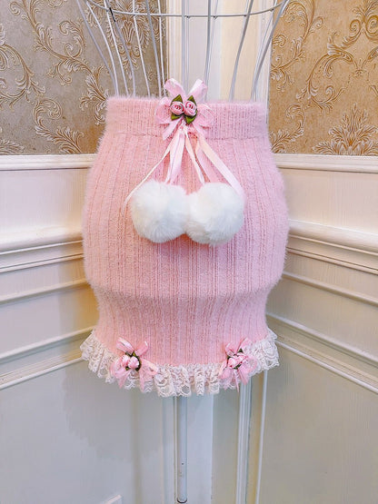 Sweetheart Princess Rose Lace Pink Knit Sweater & Mini Skirt Two Piece Set