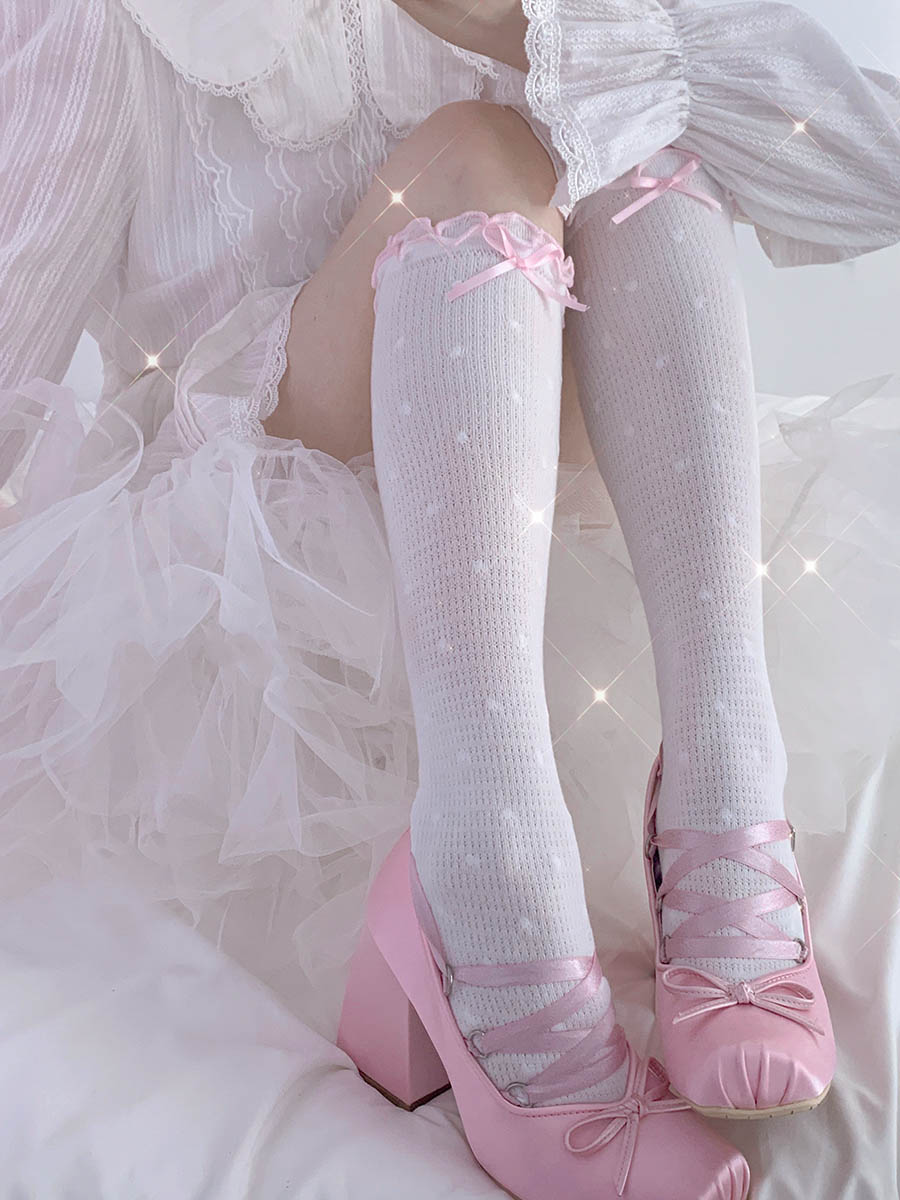 Sweet Bow Lolita Cotton White Pink Blue Calf & Over the Knee Socks