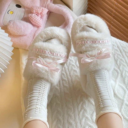 Coquette Pink Bow Lace Pearls Fluff Slippers Shoes