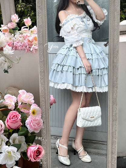 Lolita Flower Academy Princess White Top & Blue Ruffle Skirt Two Piece Set