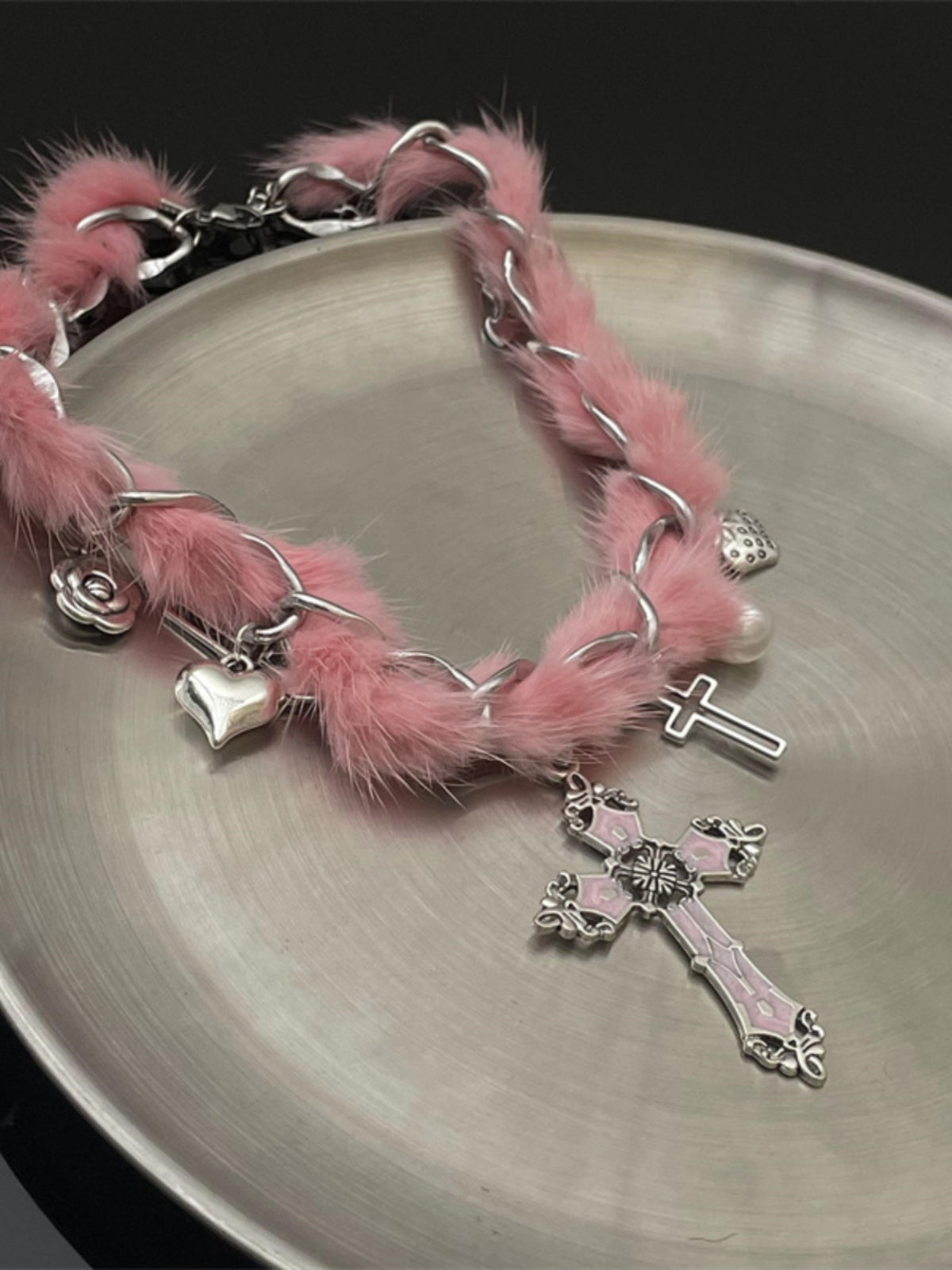 Silver Cross Magic Pink Fur Plush Necklace Collar