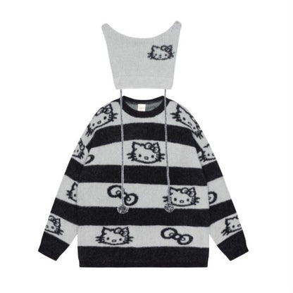 Kitty Cat Striped Pink Black Knit Y2K Pullover Sweater