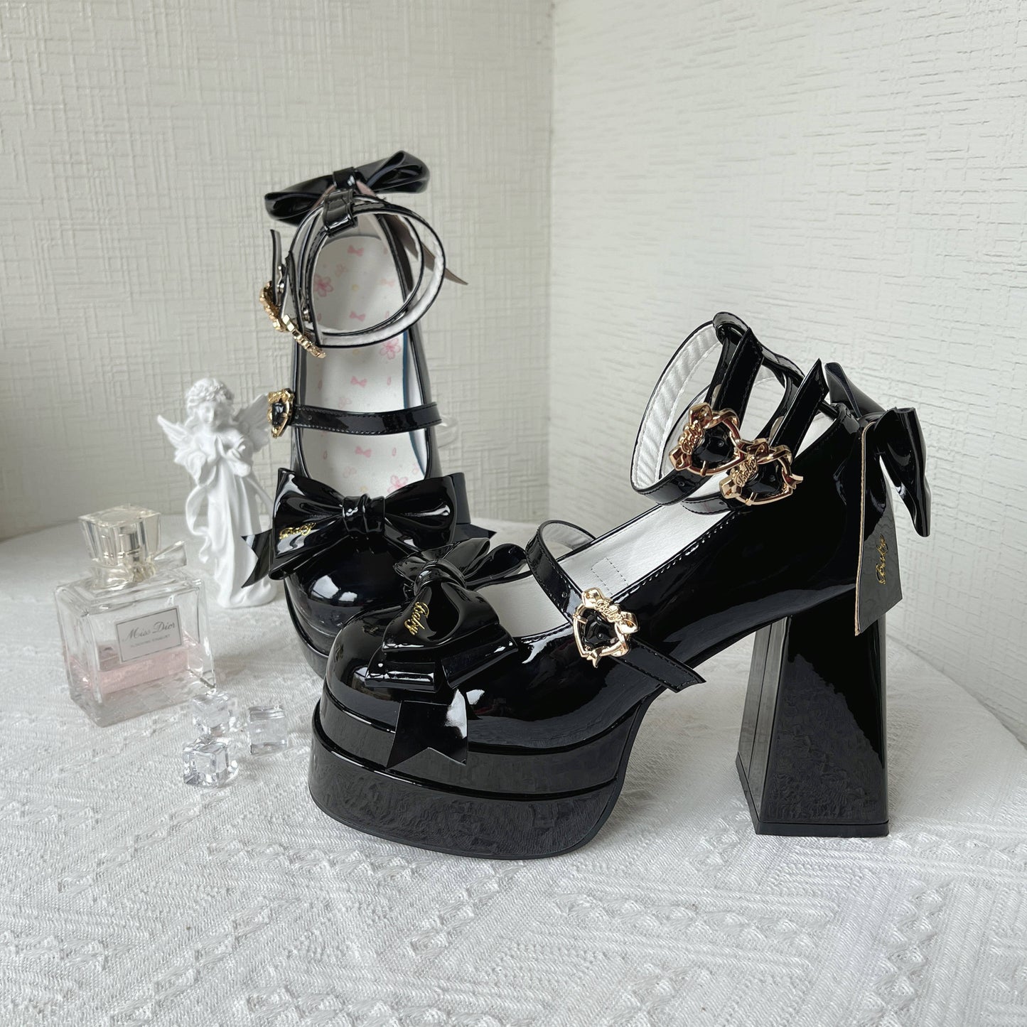 Love Letter Thrill of Love Lolita Black White Pink Blue Green Bow High Heels Shoes