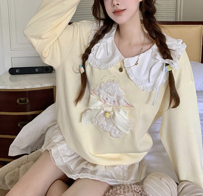 Doll Collar Cute Sheep Big Bow Embroidery Yellow Sweatshirt