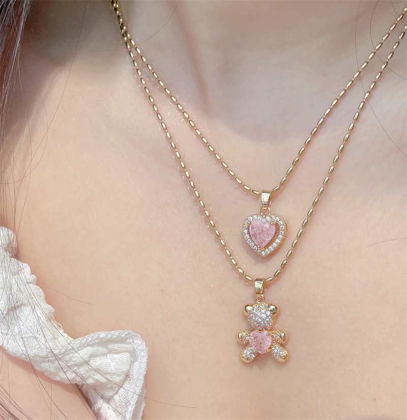 Pink Crystal Diamond Gold Heart Bear Necklace Pendant Set