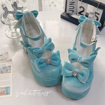 EGL Sweet Velvet Fairy Bow Mary Jane High Heels Shoes