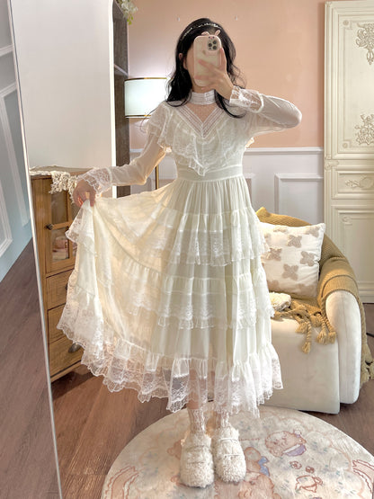 Ruellia Fall Fairy White Lace Mesh Long Sleeve Ruffled Layared Cake Dress