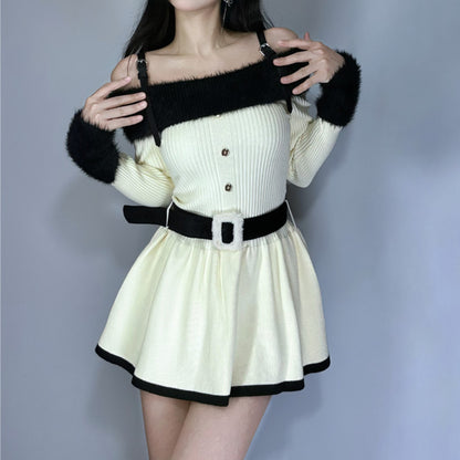 Off Shoulder Autumn Winter Luxury Chic Knit Black White Dress