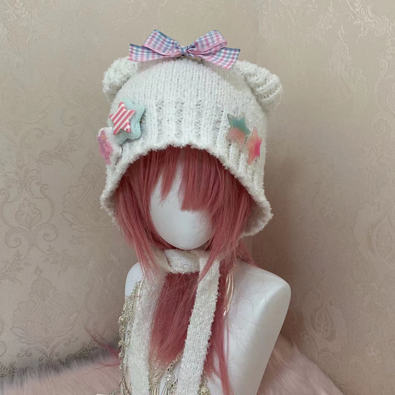 Y2K Lolita Handmade Knit Star Bow Bear Ears Cute Winter Hats Beanie