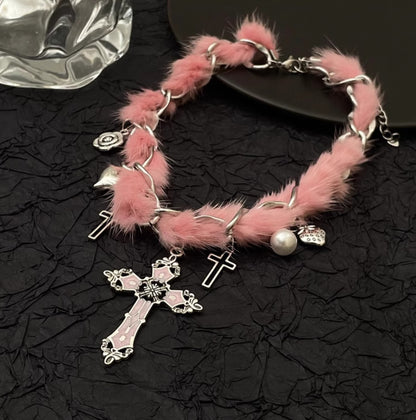 Silver Cross Magic Pink Fur Plush Necklace Collar