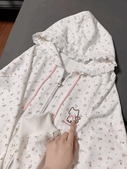 Cute Floral Print Sweet Cat Lace White Hoodie Jacket