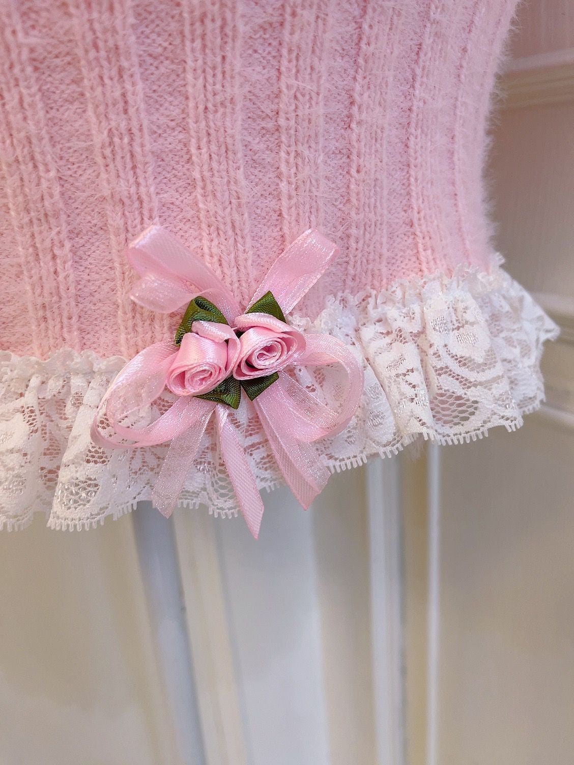 Sweetheart Princess Rose Lace Pink Knit Sweater & Mini Skirt Two Piece Set