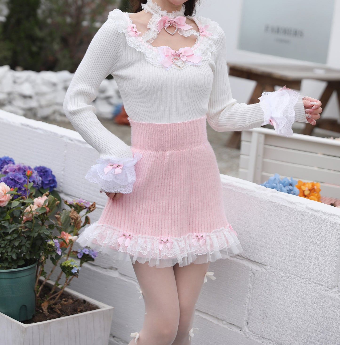 Sweetheart Princess Fantasy Flower White Halter Neck Knit Sweater Top & Pink Skirt Two Piece Set