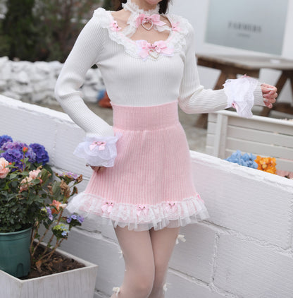 Sweetheart Princess Fantasy Flower White Halter Neck Knit Sweater Top & Pink Skirt Two Piece Set