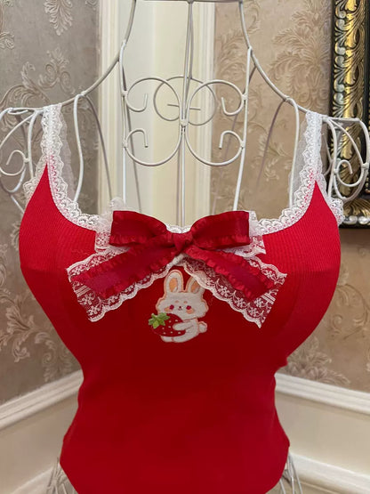 Sweetheart Princess Red Strawberry Rabbit Camisole Top