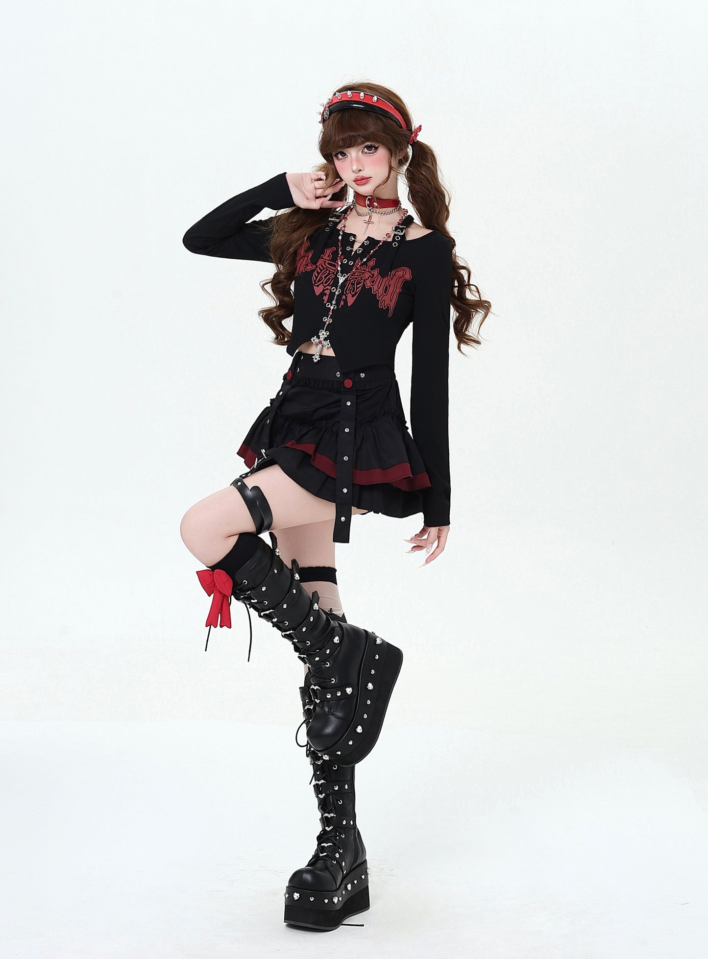 Crazy Girl Taotao Oolong 2.0 Black Red Ruffle Short Skirt