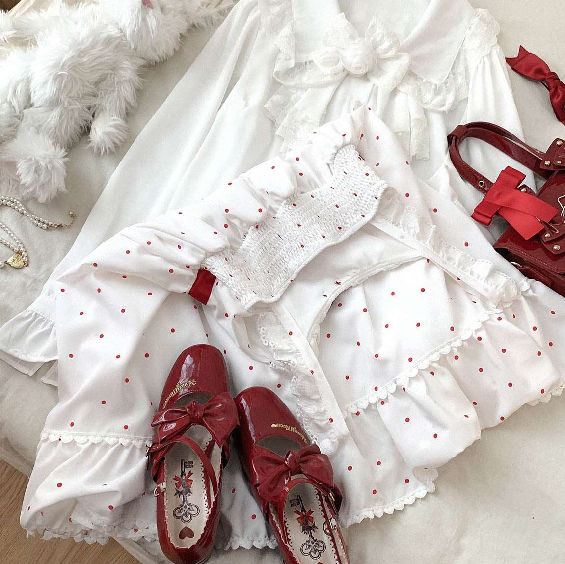 Dormir Doll Christmas Love Polka Dot White & Red Chiffon Strap Dress