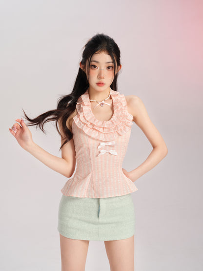 Lucia Classic Coquette Elegant Chic Ruffled Pink Camisole Green Short Jacket Skirt Three Piece Set