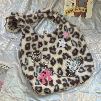 Plush Leopard Print Y2K Shoulder Tote Bag